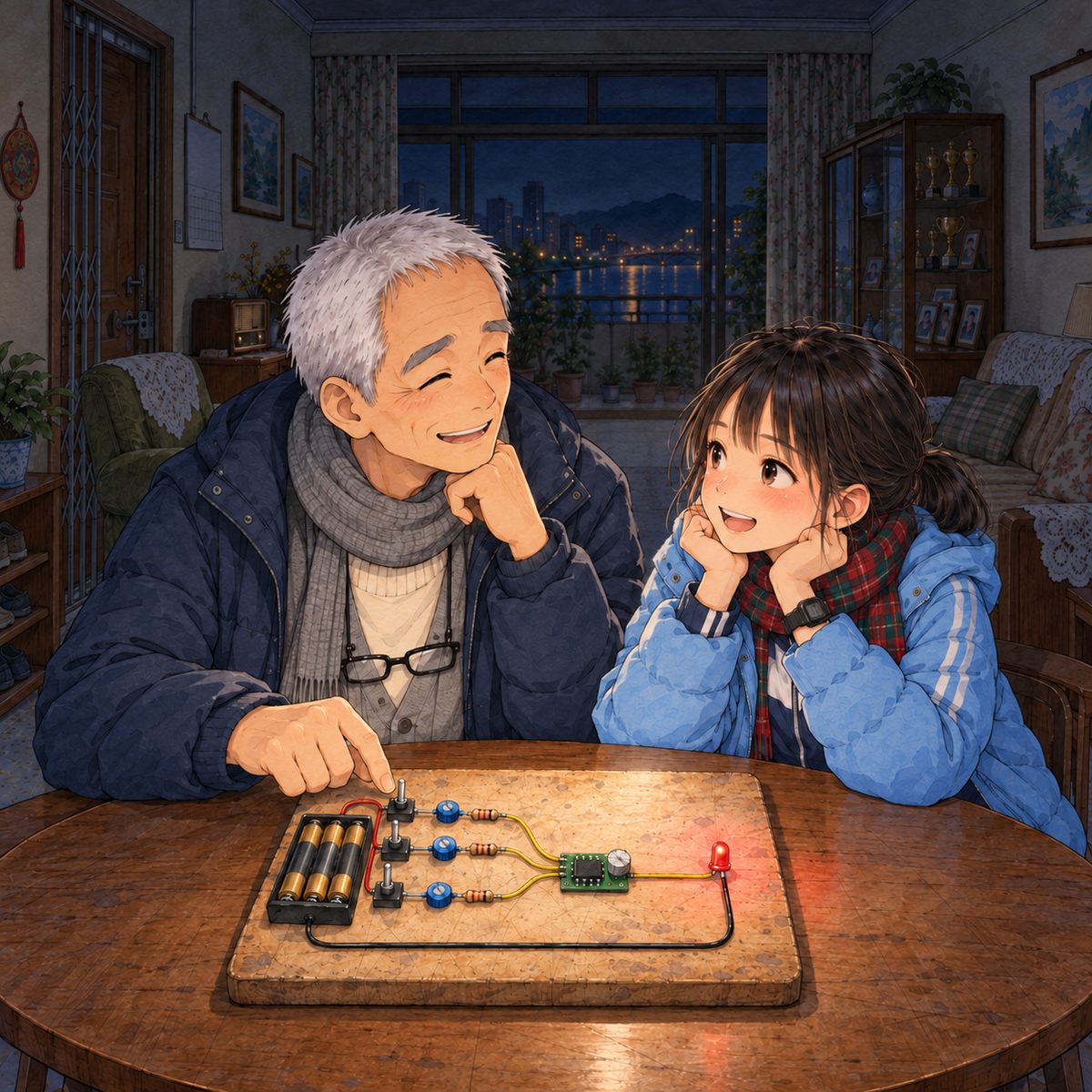 Night, POWER CUT: both their switches are up and the red LED glows; Grandpa and Xiaoyu look at each other across the board and grin. Lit red from below and by the head torch's soft glow. Dark above.
