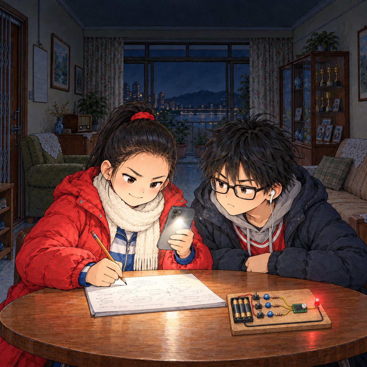 Night, POWER CUT: lit by Lili's phone torch and the LED glow. Lili taps her pencil on her sheet (scribble only, NOT readable), cool and fast; Haoran, beside her, leans in to see, grudging. Dark above.