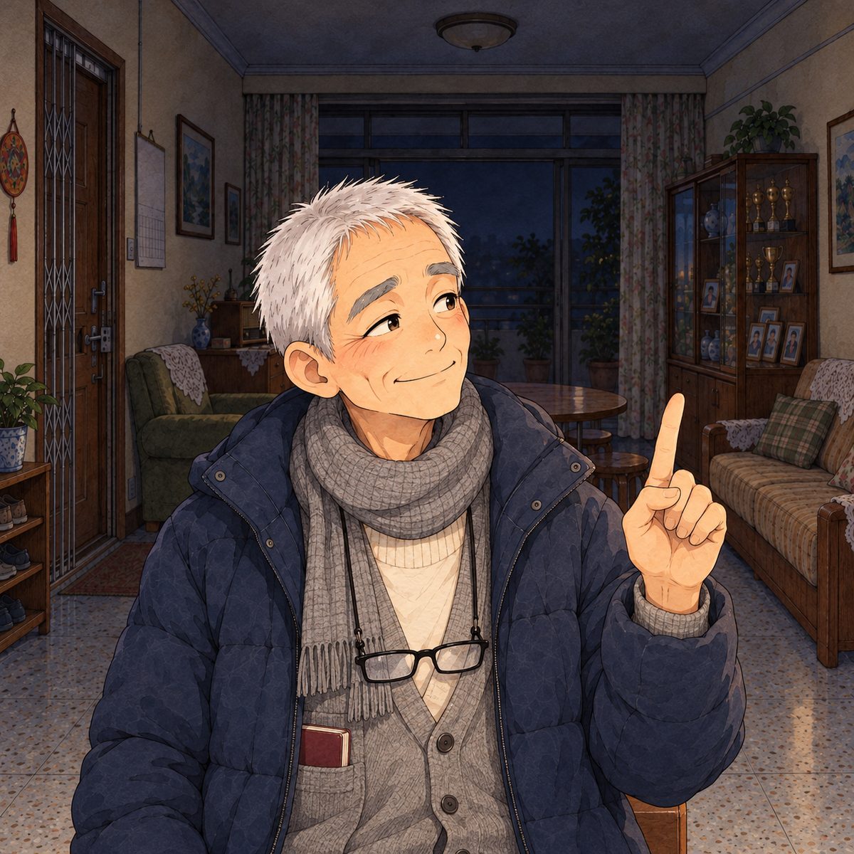 Night, POWER CUT: lit by the LED and the head torch's soft glow off the ceiling. Grandpa, enjoying himself now, raises one finger with a sly, proud smile, about to set a harder puzzle, looking RIGHT at the children. Glasses back on the cord at his chest. Dark behind him.