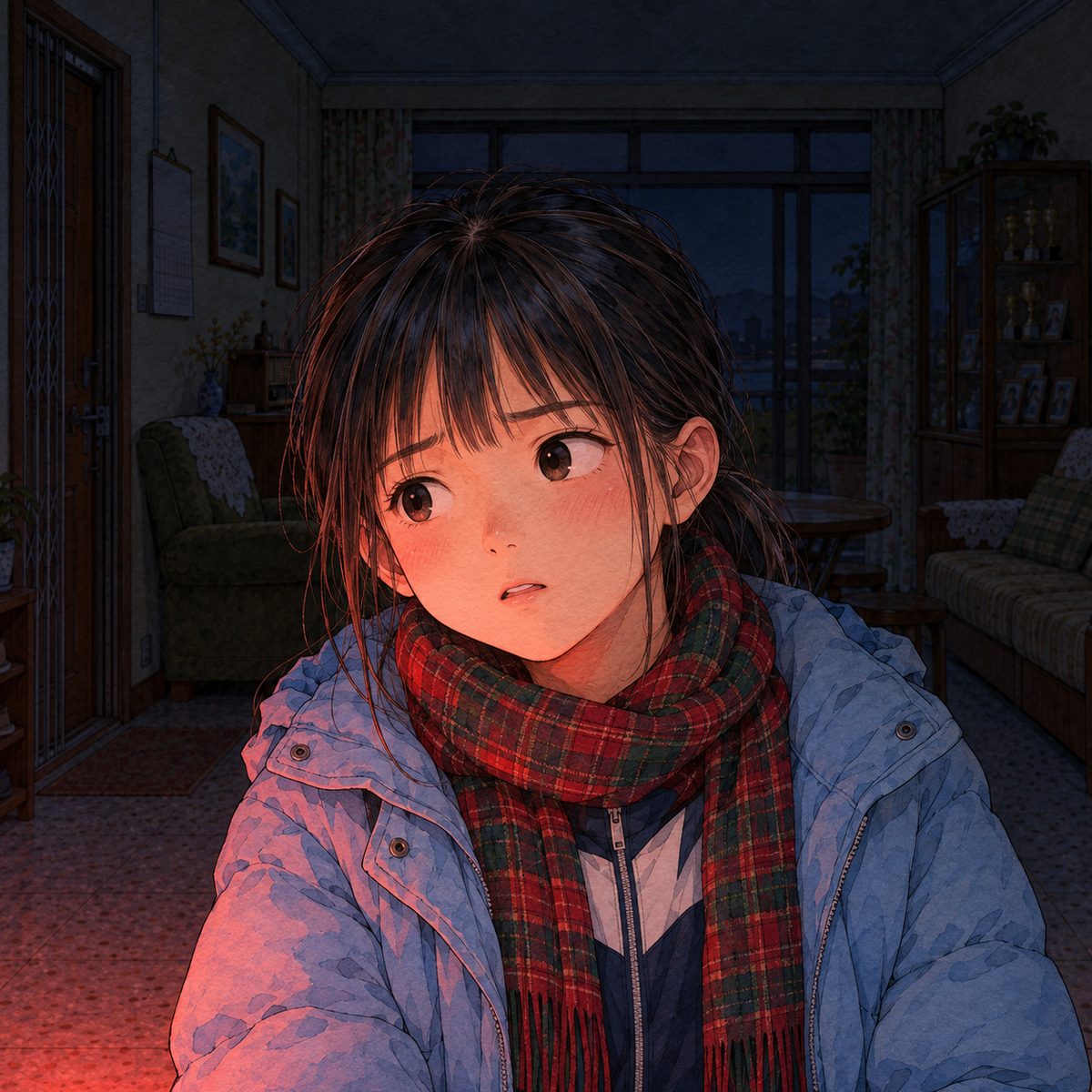 Night, POWER CUT: lit by the LED from below. Xiaoyu tilts her head, looking LEFT at Grandpa, puzzled. Dark behind.