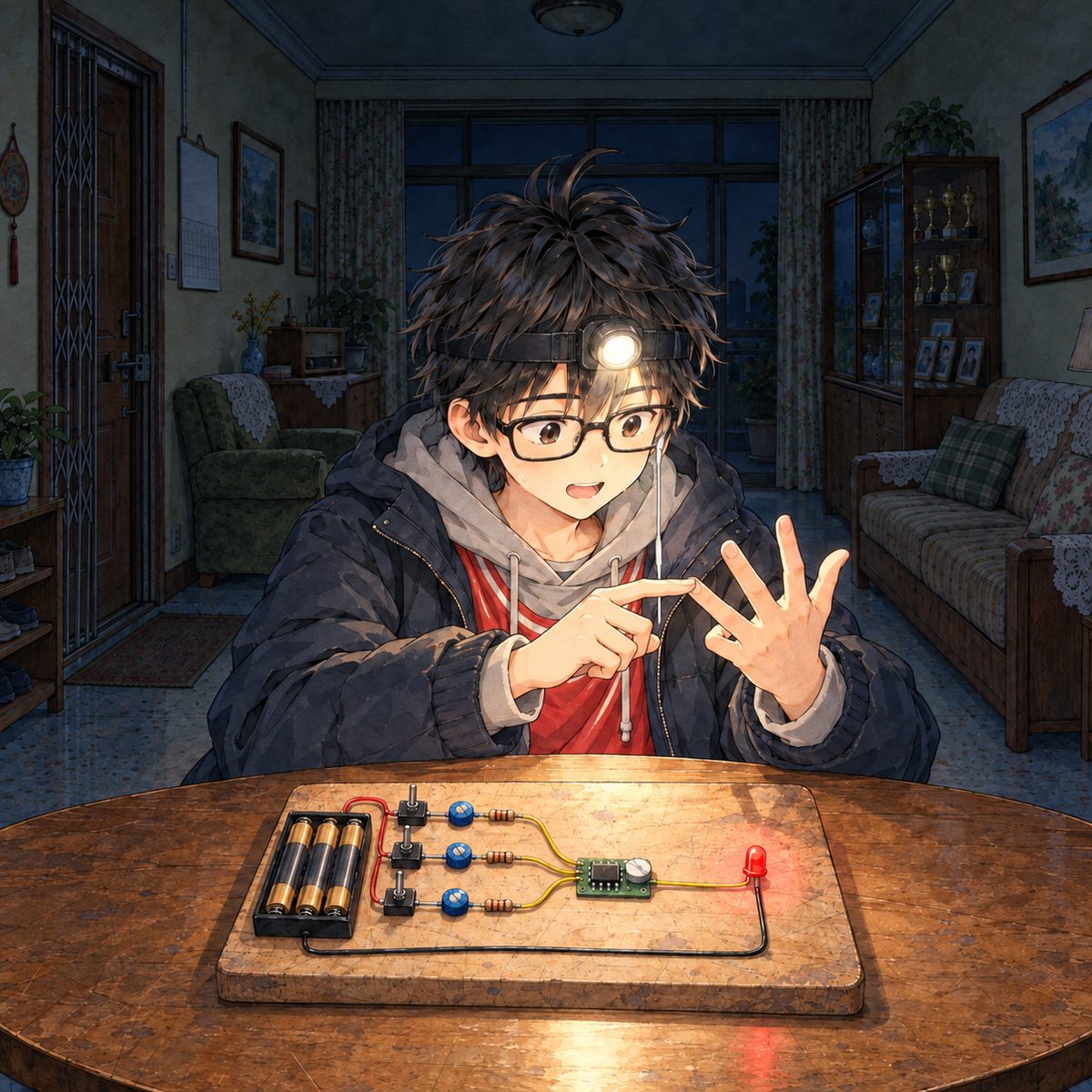 Night, POWER CUT: lit by his head torch and the LED. Haoran counts on his fingers, working it out aloud, looking at the board, eager. Dark behind.