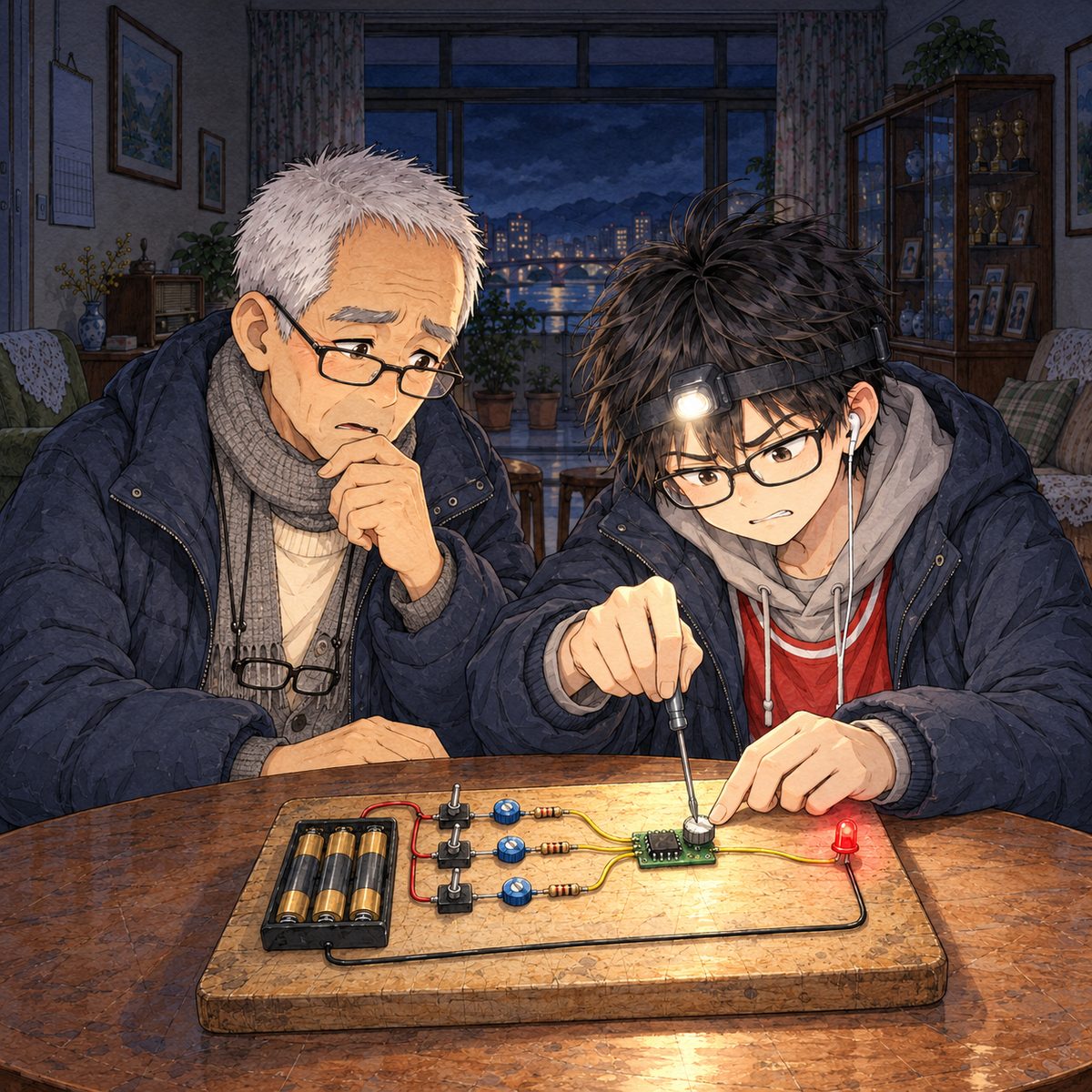 Night, POWER CUT: lit by the head torch and the LED, which is glowing. Grandpa's and Xiaoyu's switches are both up and the light is ON, which is wrong; Haoran (right) jabs the white knob with the screwdriver, frustrated; Grandpa (left) frowns at the red light. Dark above.