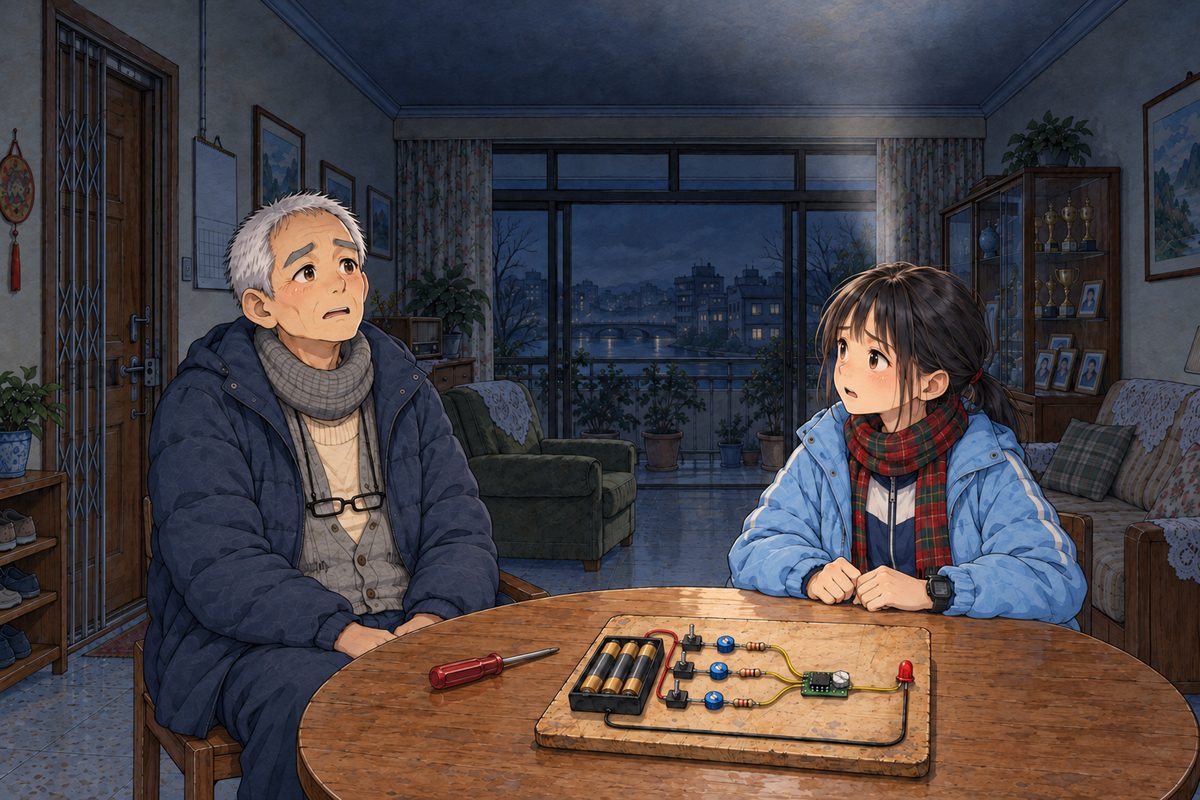 Night, POWER CUT: lit by the LED (dark now, NO glow) and the head torch's soft glow off the ceiling. Grandpa has let go of the screwdriver; he sits back, hands in his lap, shrunken and unsure, looking at nothing; the old fear creeping back into his face. Xiaoyu, opposite, looks at him, alarmed. The dark above is the quiet area.