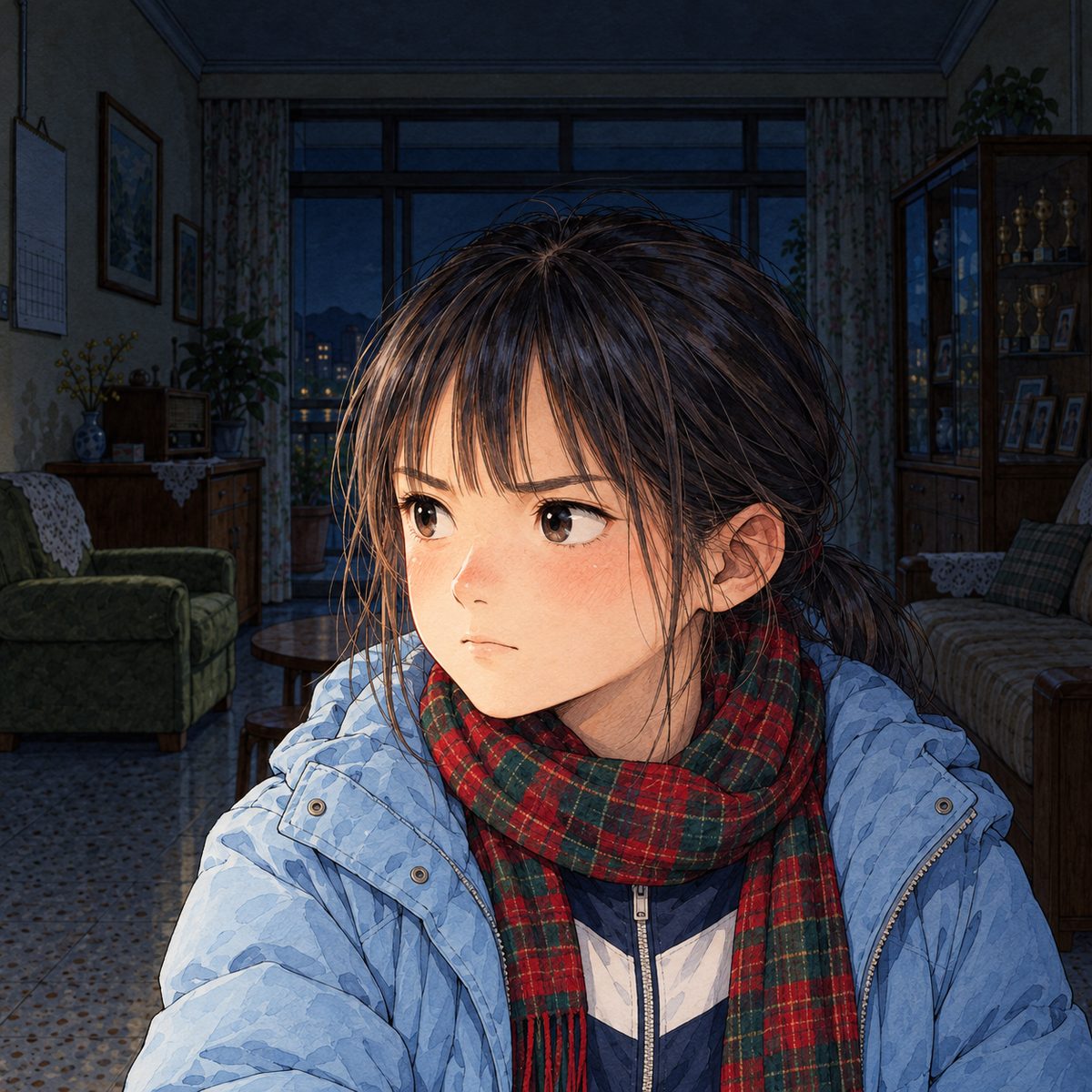 Night, POWER CUT: lit dimly from the side by the head torch's glow. Xiaoyu's face hardens with resolve, eyes on Grandpa off panel to the LEFT, jaw set. Her face in the middle of the panel, NOT in the top quarter. Dark around.