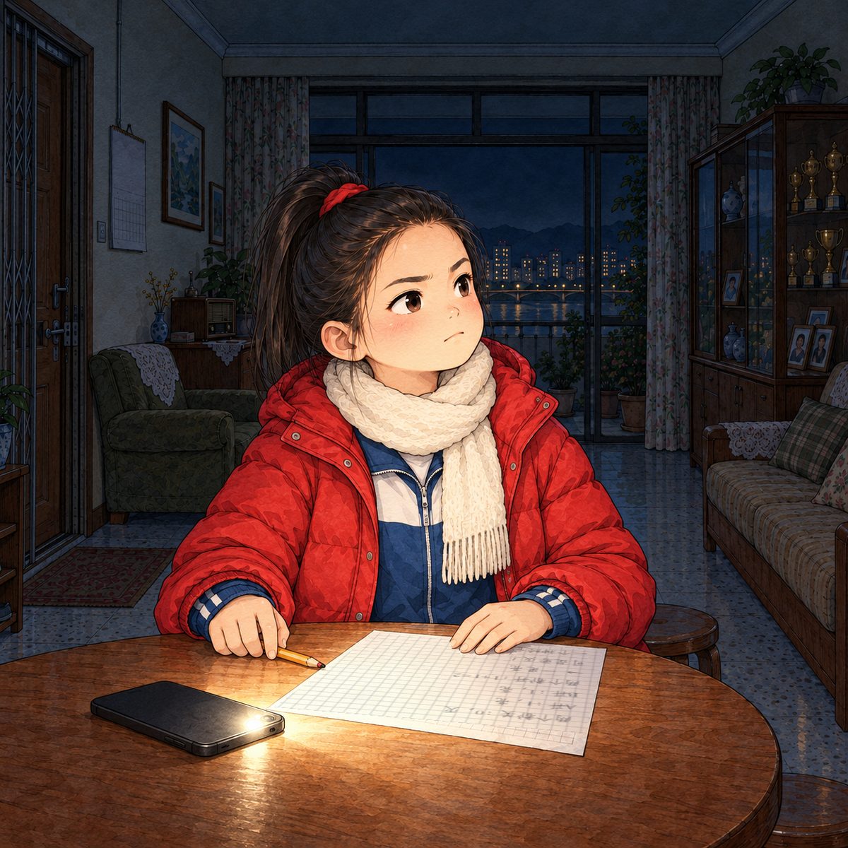 Night, POWER CUT: her phone face down on the table, torch up, lighting her sheet of squared paper and her face. Lili has been writing all this time; she lays her pencil down and looks up to the RIGHT at the others, very sure, a little grim. The sheet shows scribble only, NOT readable. Dark behind.