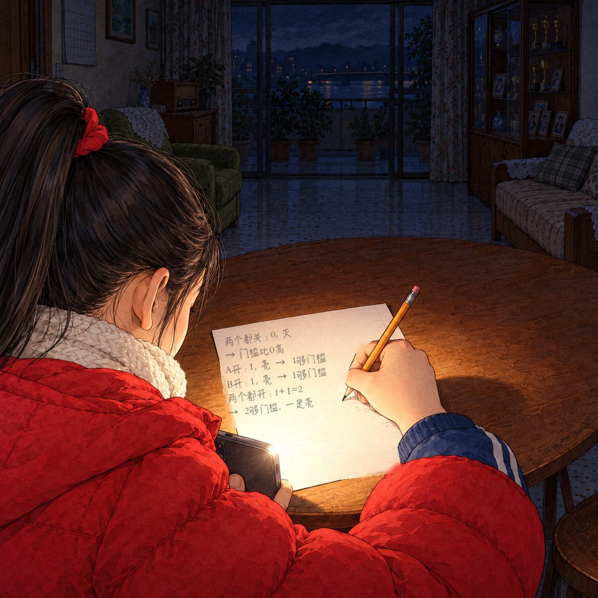 Night, POWER CUT: lit by her phone torch from below the sheet. Over Lili's shoulder (her red coat sleeve, her tight high ponytail with the red tie at the edge): her pencil tip on a line of her sheet of squared paper, which faces her and us; the lines are pencil scribble, NOT readable. Dark around.