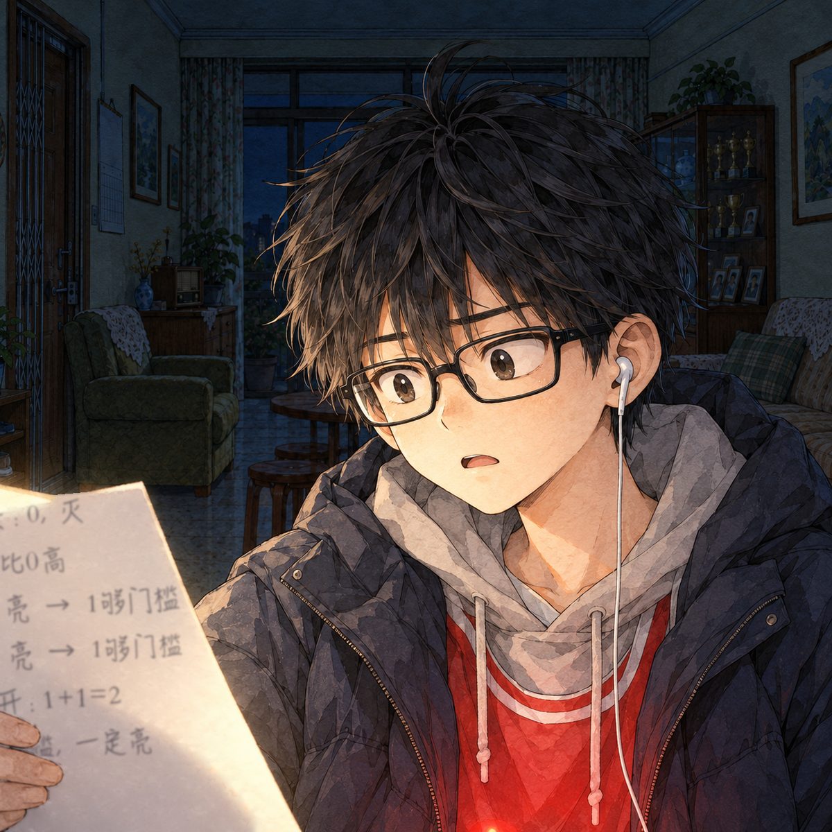Night, POWER CUT: lit by the LED's faint light from below and Lili's torch from the LEFT. Haoran stares LEFT at Lili's sheet, mouth open, then slowly understanding: beaten, and fair about it. Dark behind.