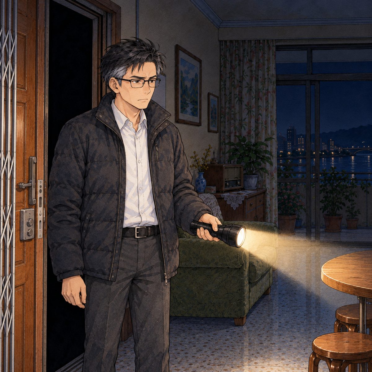 Night, POWER CUT: Haoran's father stands in Grandpa's open front doorway at the left, his big black rubber torch beam pointed into the room at the RIGHT, its light on the table off panel; he looks RIGHT at Lili's sheet in the light, his face cold, his mouth thin. His face in the middle of the panel, NOT in the top quarter. The black landing behind him.
