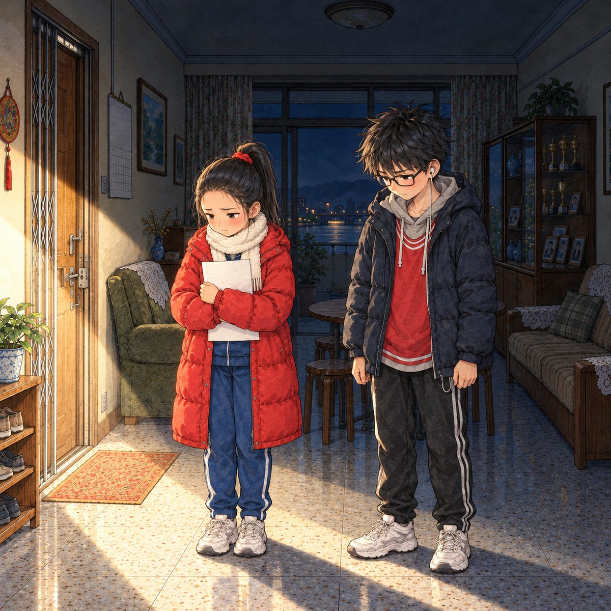 Night, POWER CUT: the big torch beam from the LEFT on them both. Lili hugs her sheet to her chest, embarrassed, eyes down; Haoran stands up, red-faced and silent, looking at the floor. Dark above.