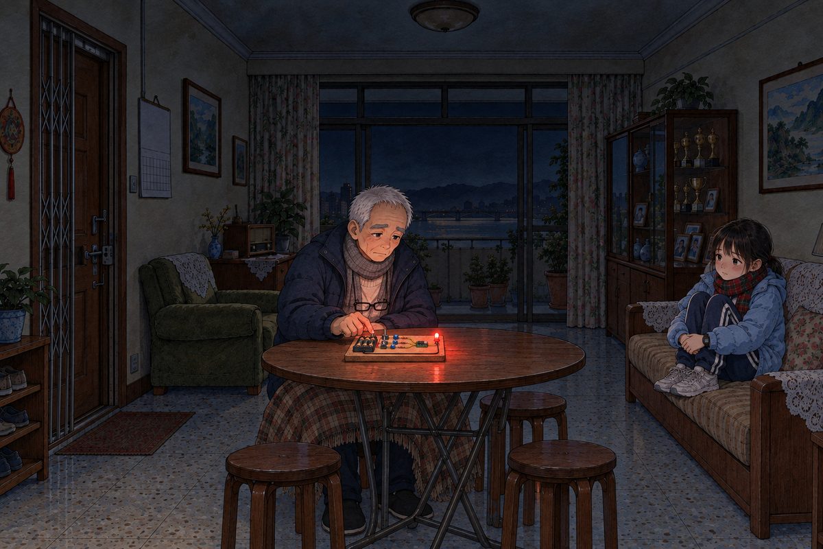 Later that night, POWER CUT: the only light is the red LED, glowing, because Grandpa holds his switch up alone. Grandpa sits at the round table in his coat and blanket, flicking his one switch on, off, on, off, slowly, staring at the little light, lost in thought, sad. Xiaoyu sits on the sofa at the right with her knees up, watching him, unhappy. The dark above is the quiet area.