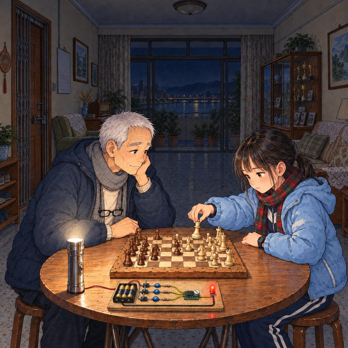 The third night, POWER CUT: the only light is Grandpa's old silver metal torch standing on its end on the table, its beam pointing straight up at the ceiling so a soft dim white light falls over the board, plus the red LED on the neuron board at the table's edge. Grandpa (left) and Xiaoyu (right) play chess FACING EACH OTHER across the Western 8 by 8 board, each one's own pieces nearest them, every piece on a square. Xiaoyu reaches for her queen, aiming at his rook. The dark above is the quiet area.