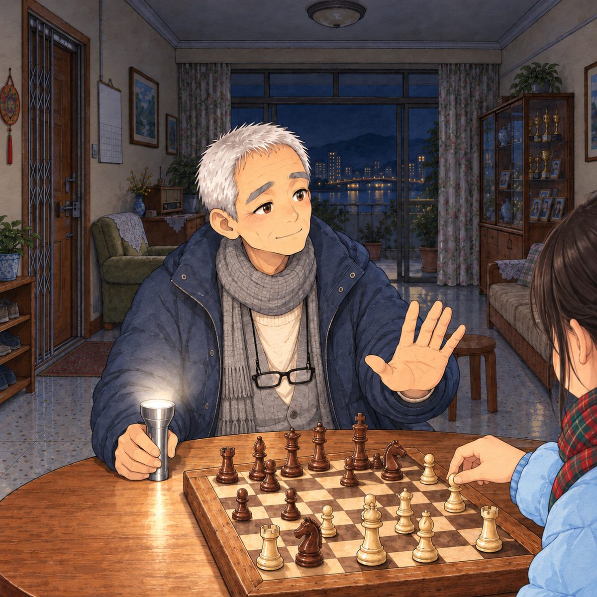 Night, POWER CUT: lit softly by the silver torch's light off the ceiling. Grandpa stops Xiaoyu's move with a gentle raised hand, palm towards her, NOT touching her; he looks RIGHT at her, warm, teacherly, clear. Glasses on the cord at his chest. Dark behind.
