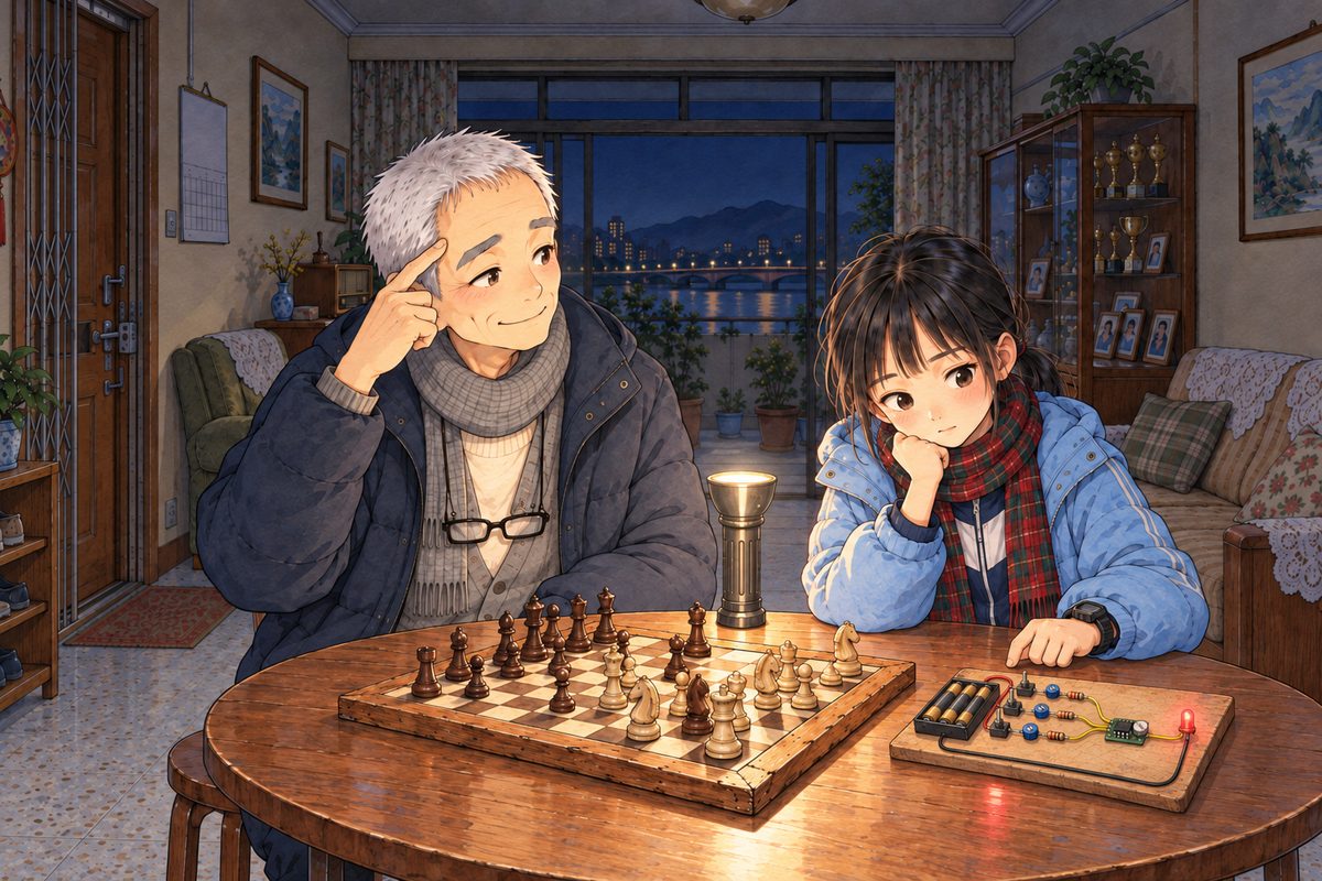 Night, POWER CUT: the silver torch's soft light from the ceiling. Grandpa taps his own temple twice with one finger and smiles at Xiaoyu; she listens, then her eyes slide away from him, down and to the side, towards the neuron board at the edge of the table with its red light: an idea starting. The chessboard between them. Dark above.