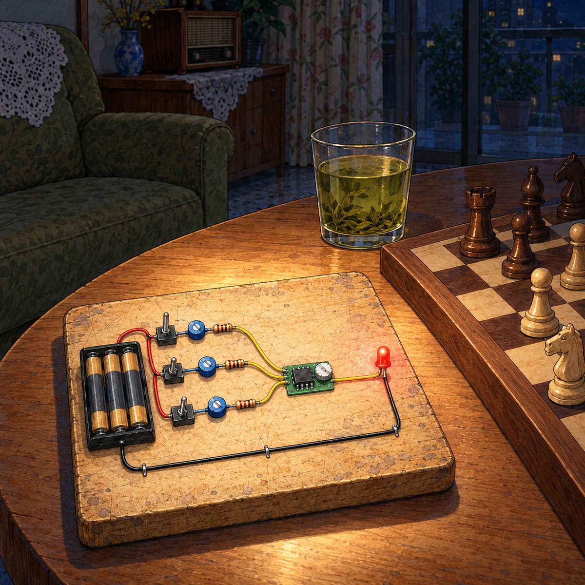 Night, POWER CUT, a calm homely moment: the children's school science-kit board lies on the round family table next to the chessboard and a glass of green tea, the silver torch's soft light from above. Close on the board as Xiaoyu sees it: a friendly classroom learning toy with the two switches, the one chip and one small glowing light, like a night light. Gentle, cosy, a little magical. Quiet dark around.