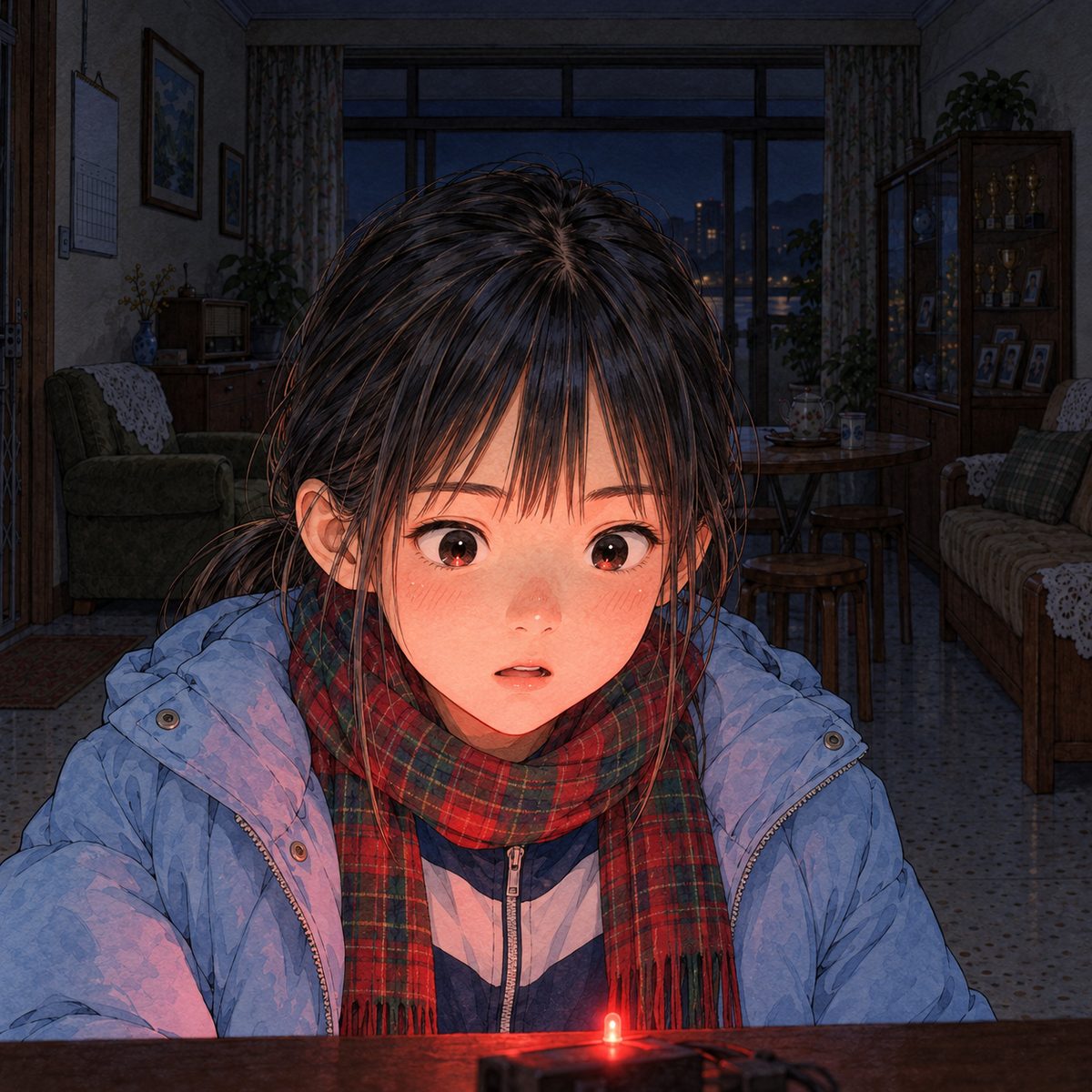 Night, POWER CUT: lit from below by the red LED. Xiaoyu's eyes go wide, her lips part: she has it. Her face in the middle of the panel, NOT in the top quarter. Dark behind.