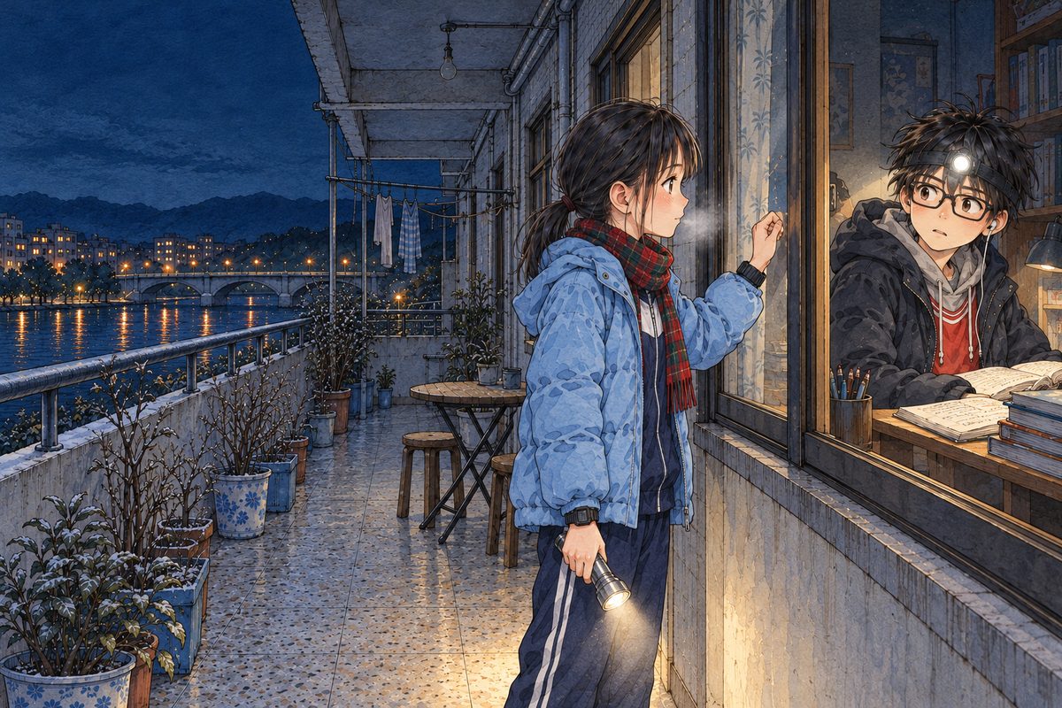 Night, POWER CUT: the bare bulb over the balcony is OFF with NO glow; the city lights beyond the river are far off and dim; the only lights are Grandpa's old silver torch in Xiaoyu's hand, pointed down at the balcony floor, and Haoran's head torch inside his room. Xiaoyu, in her coat, taps on Haoran's window from the cold shared balcony, her breath white. Inside, Haoran sits at his desk over an open textbook by his head torch; he turns his head towards the tap, startled. The cold dark sky is the quiet area.