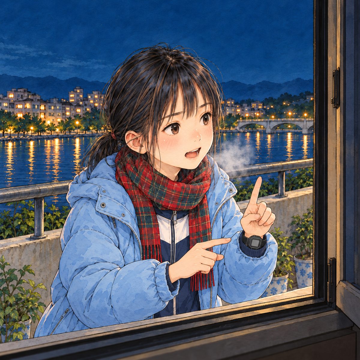 Night, POWER CUT. WE ARE INSIDE Haoran's dark room looking OUT through his open window: the dark window frame and the edge of the open glass pane run down the RIGHT edge of the panel, and the inside sill runs along the bottom. Xiaoyu stands OUTSIDE on the cold shared balcony in her winter coat and red tartan scarf, leaning in toward the gap, lit on her face by Haoran's head torch from the RIGHT. She whispers fast, her hands making two steps in the air, one then the other; eager. Her breath white in the cold. Behind HER is only the outdoors: the balcony railing, the dark night sky and the far dim city lights over the river. NO curtain, NO room wall, NO furniture behind her.