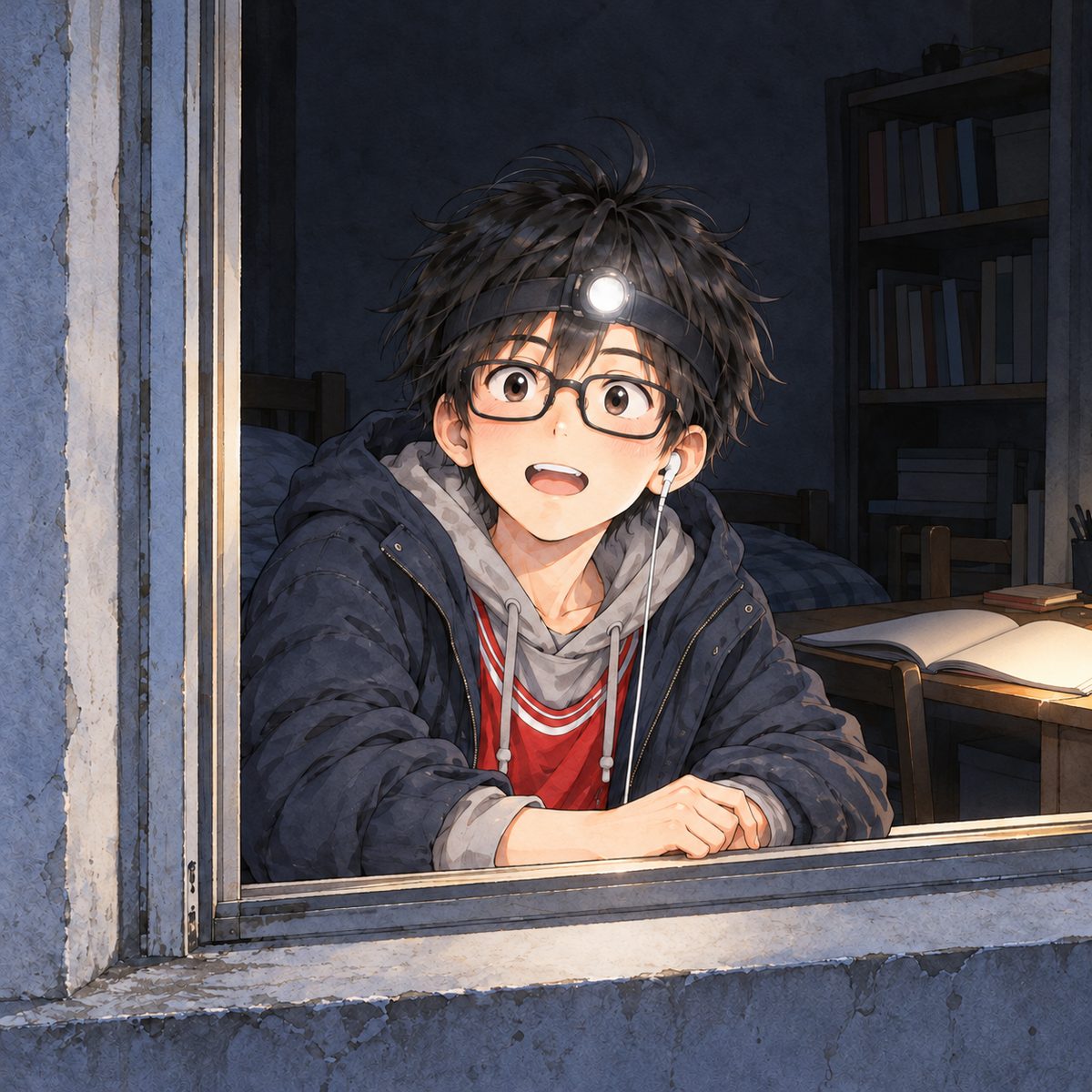 Night, POWER CUT. WE ARE OUTSIDE on the cold balcony looking IN through Haoran's open window: the outside of the window frame (pale painted wall, the frame's edge) runs down the LEFT edge of the panel, and the outside sill runs along the bottom. Haoran is INSIDE his room in his dark hoodie and red top, his head torch on, leaning toward the gap with his forearms on the inside sill, glasses pushed up, getting it: astonishment growing into excitement. Behind HIM is only his dark bedroom: a bookshelf, a corner of his bed and his desk with the open textbook, lit faintly by the head torch. NO balcony, NO railing, NO plants, NO sky and NO river behind him.