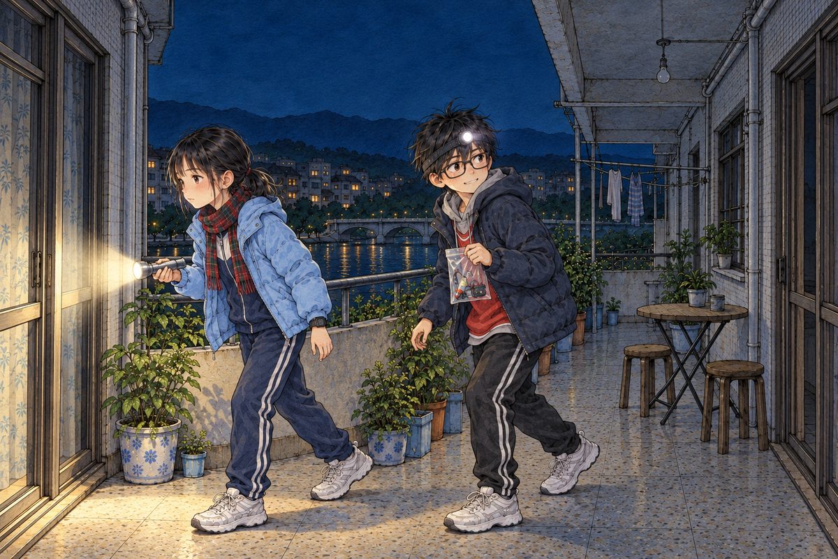 Night, POWER CUT: the only lights are Haoran's head torch and Grandpa's silver torch in Xiaoyu's hand. Haoran has climbed out of his window onto the shared balcony in his coat and creeps along it after Xiaoyu towards Grandpa's glass balcony doors at the left, a small clear plastic bag of little black chips, LEDs and wires in his hand, glancing back over his shoulder at his own window, guilty and thrilled. The bare bulb is OFF, no glow. The dark sky is the quiet area.