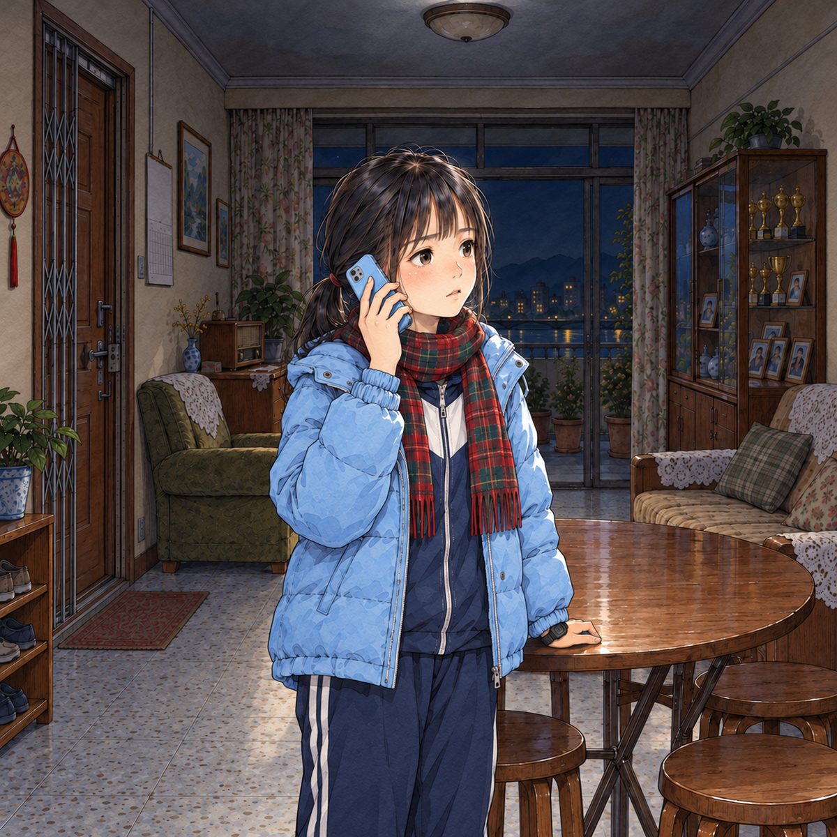 Night, POWER CUT: lit by the silver torch's glow off the ceiling. Xiaoyu holds her own phone to her ear (charged at school that day), the ordinary way, listening hard, eyes on the board off panel to the RIGHT. Dark behind.