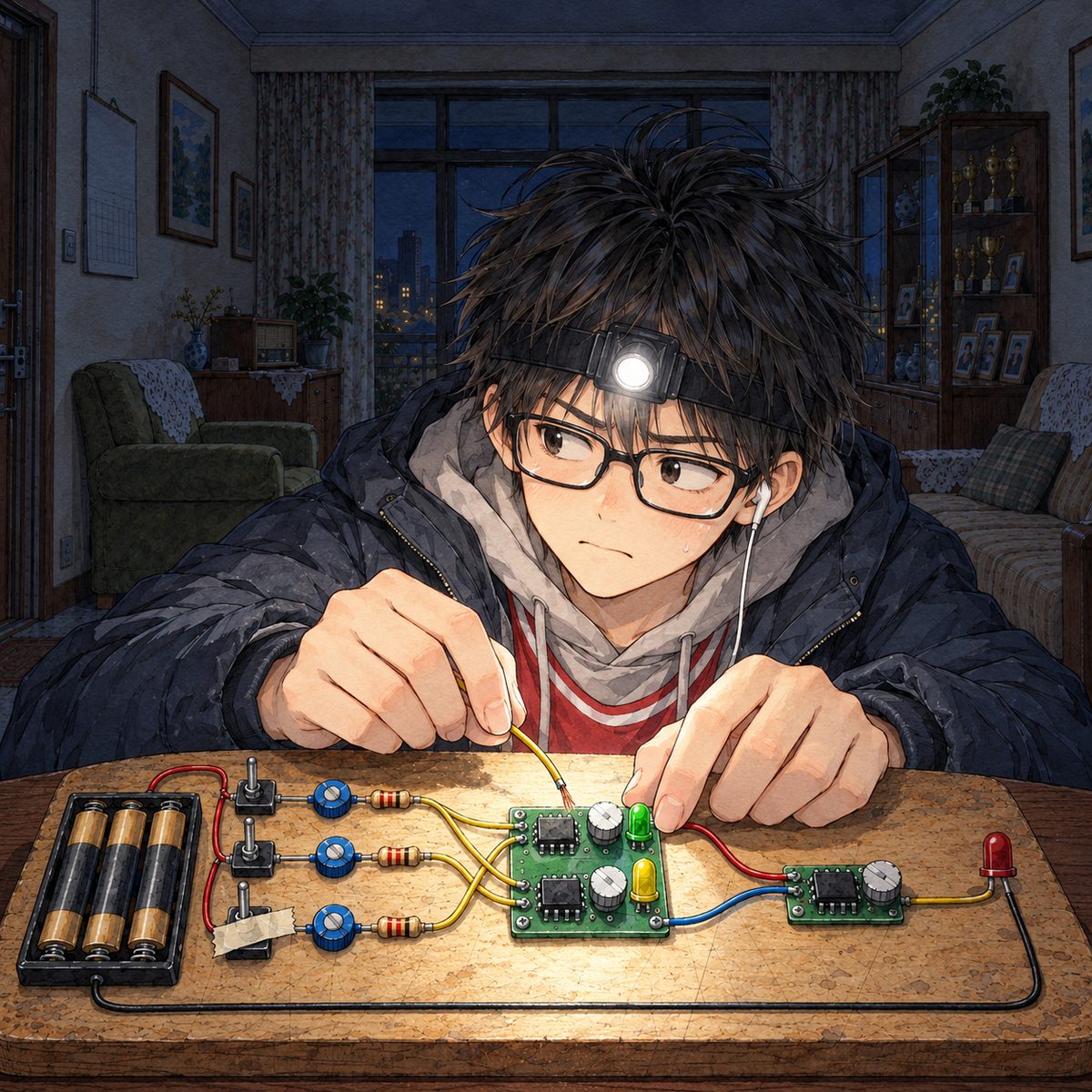 Night, POWER CUT: lit by his head torch. Haoran tries to twist a wire end into a screw terminal on the new small green board, but his hands shake (cold, and his father next door); the wire end slips. His face above, tense, glancing at the wall towards his own flat. Dark around.
