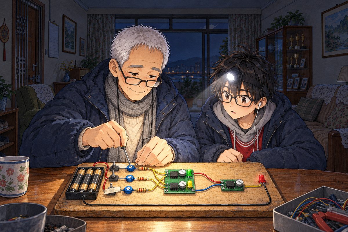 Night, POWER CUT: Xiaoyu (off panel) holds the silver torch so its beam falls on Grandpa's hands, and Haoran's head torch adds its light. Grandpa has taken the screwdriver; his big hands work quickly and neatly, stripping a wire end with his thumbnail, twisting it, screwing it down, the way a man does who has done it ten thousand times. Glasses ON his nose for the small work. His face is calm and absorbed, no fear in it at all. Haoran (right) watches, astonished. The board as its sheet: the new small green board in the middle with two chips. Dark above.