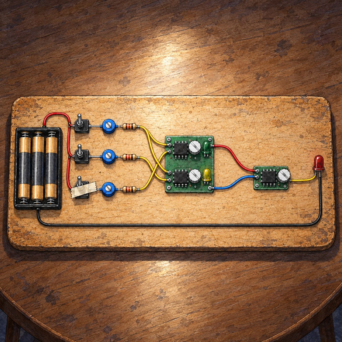 Night, POWER CUT: lit from above by the silver torch. The finished board seen from above, exactly as its sheet: on the left the battery box and two switches in use (the third taped down with white tape); in the MIDDLE the new small green board with two little chips, a GREEN LED by the top one and a YELLOW LED by the bottom one; from the switches, wires to BOTH middle chips; from the green one a red wire to the old chip on the right, from the yellow one a BLUE wire to the old chip's white-knob side; the red LED at the far right. All three LEDs OFF, no glow. No writing.