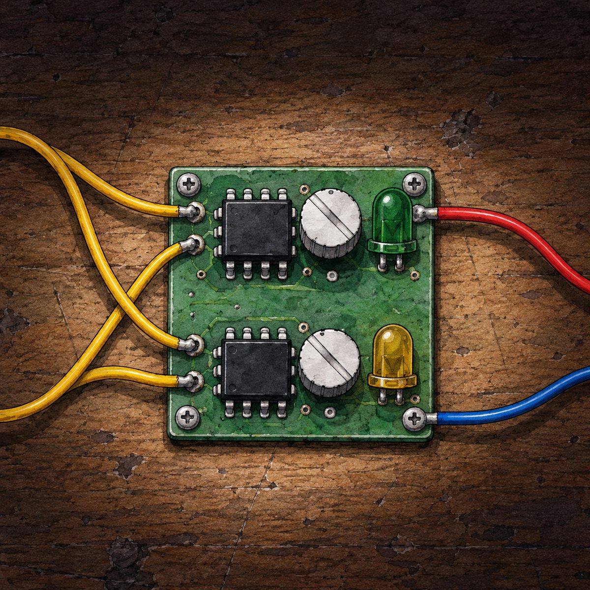 Night, POWER CUT: lit by the silver torch. Close on the middle green board with its two chips, the green LED and the yellow LED (both off, no glow), and the red and blue wires leaving it to the right. Plain dark wood around; the top of the panel quiet for the box.