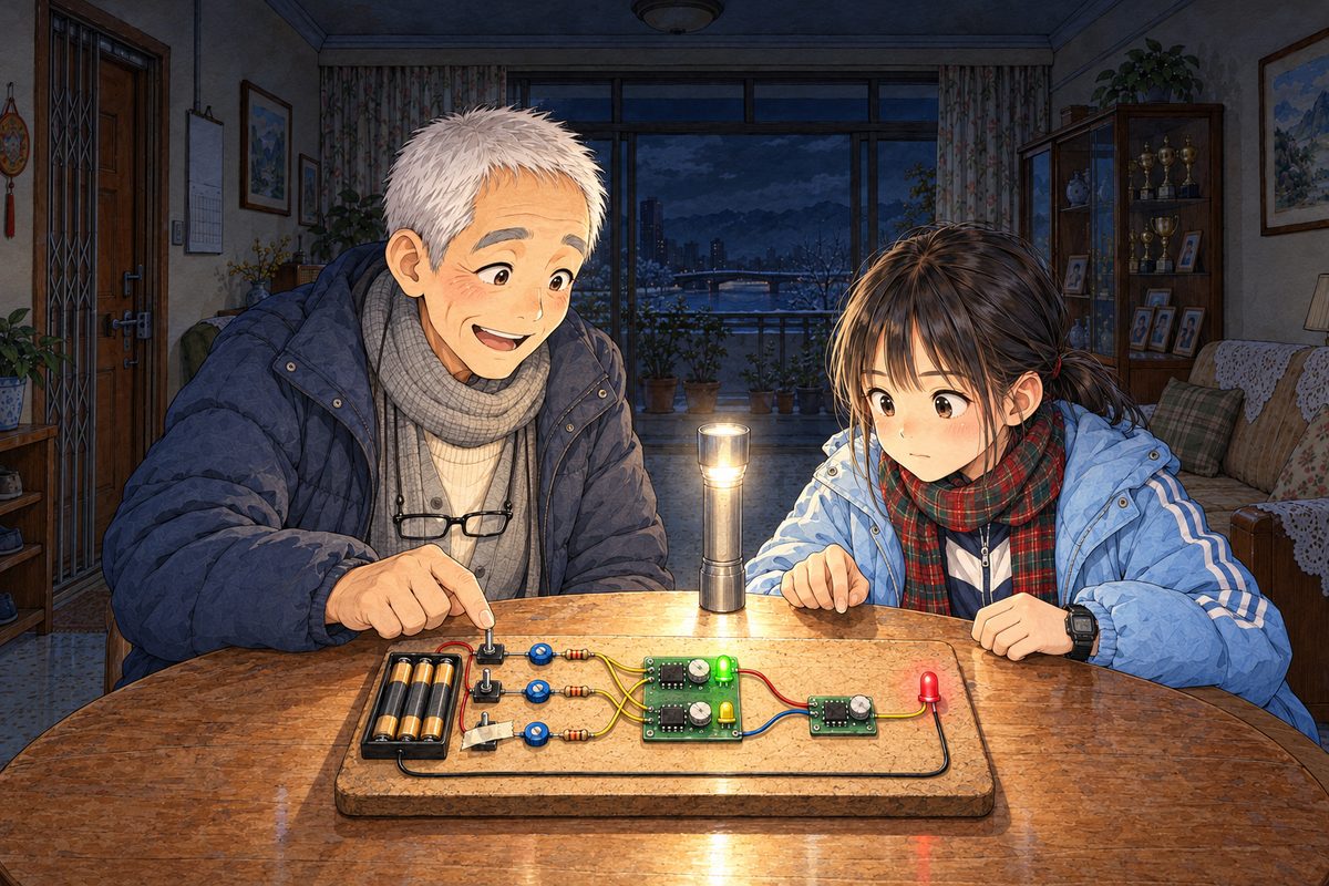 Night, POWER CUT: the silver torch standing on end lighting the ceiling softly; on the board GRANDPA'S switch is up and Xiaoyu's is down: the GREEN LED glows, the YELLOW is dark with no glow, the RED glows. Grandpa leans in, delighted, his finger still on his switch. Xiaoyu holds her breath, her hand over her own switch. Dark above.