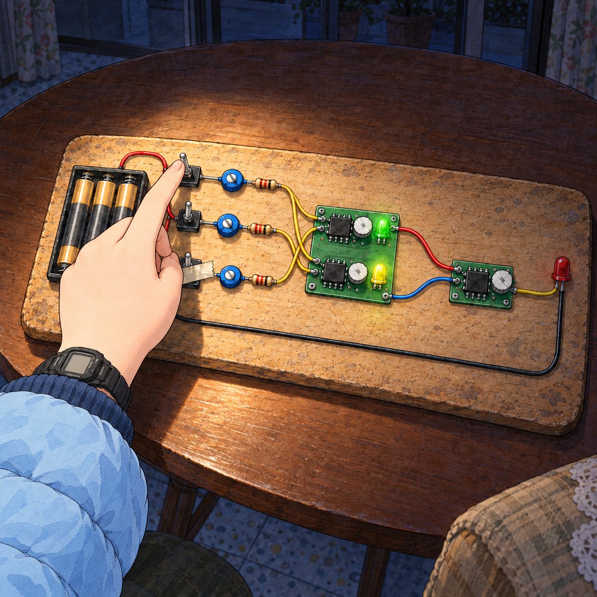 Night, POWER CUT: Xiaoyu's finger flicks her switch up, so BOTH switches are up: the GREEN LED glows, the YELLOW LED glows, and the RED LED has gone OFF, a dull dome with no glow. Her watch on her LEFT wrist. Lit by the torch from above and the green and yellow glow.