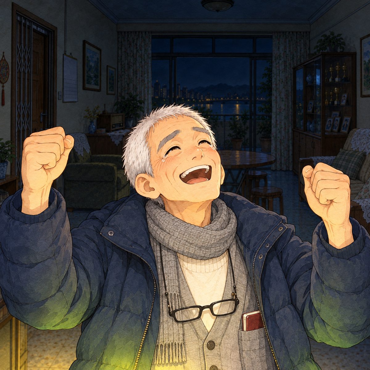 Night, POWER CUT: lit by the green and yellow LED glow from below and the torch from above. Grandpa throws his head back and laughs, eyes wet, both hands up, like a man who has just won a long game. Dark behind.