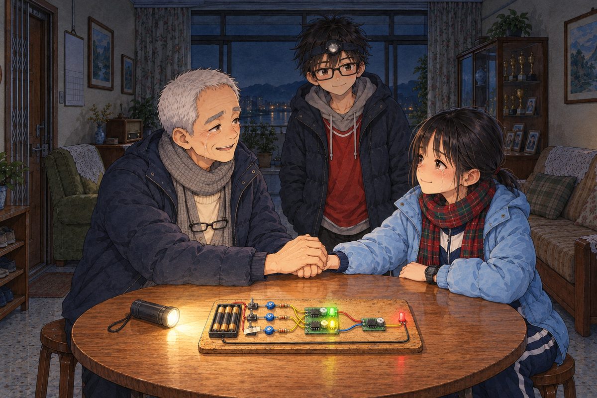 Night, POWER CUT: lit by the torch's glow and the LEDs. Grandpa reaches across the table and takes Xiaoyu's hand in his big one, his eyes wet, relieved; Xiaoyu smiles back, tearful and proud. Haoran stands behind the table between them, grinning, his head torch switched off, quiet. The board in the middle. The dark above is the quiet area.