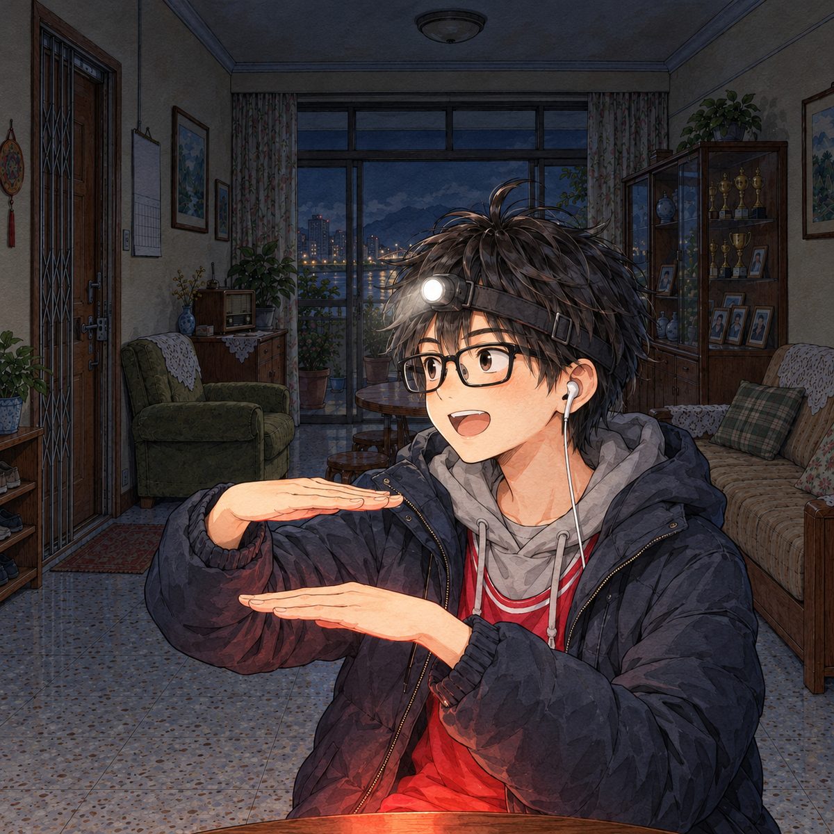 Night, POWER CUT: lit by the LED glow from below and the torch from above. Haoran, excited, holds up his two flat hands one above the other like floors of a building. His head and body are turned three-quarters toward the VIEWER'S LEFT: his nose points to the left edge of the picture and his eyes look left, at the others off panel. So we see his LEFT cheek and his LEFT ear, with the one white earbud in it and its wire hanging down. The room behind him is the same living room as the other panels, seen from the same side: the front door on the viewer's left, the glass cabinet on the right. Dark behind.