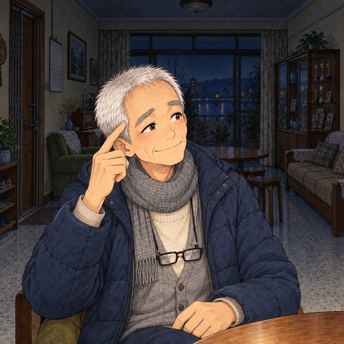 Night, POWER CUT: lit softly by the torch and the LEDs. Grandpa taps his temple, a wry, gentle smile, looking RIGHT at Haoran. Dark behind.