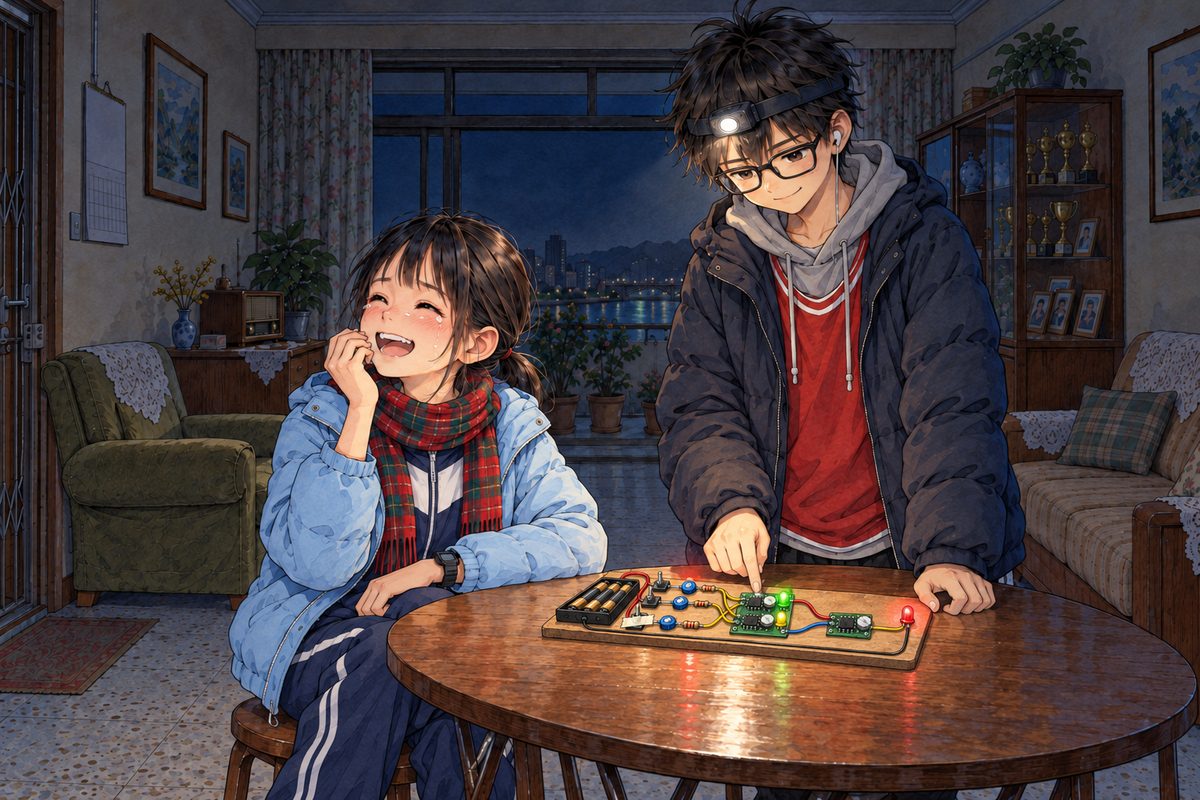 Night, POWER CUT: lit by the torch and the LEDs. Xiaoyu laughs with wet eyes at Grandpa's joke, off panel to the LEFT; Haoran beside her laughs too, then looks down at the board, thinking. The dark above is the quiet area.