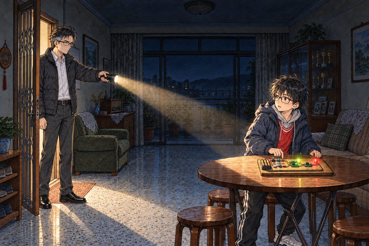 Night, POWER CUT: the big black torch beam slams in through the open front door at the LEFT, held by Haoran's father, who has found his son's room empty; his face is hard, furious, tired. The beam lands on Haoran by the table at the right, who freezes with one hand on the board, the three LEDs glowing in front of him. The dark above is the quiet area.