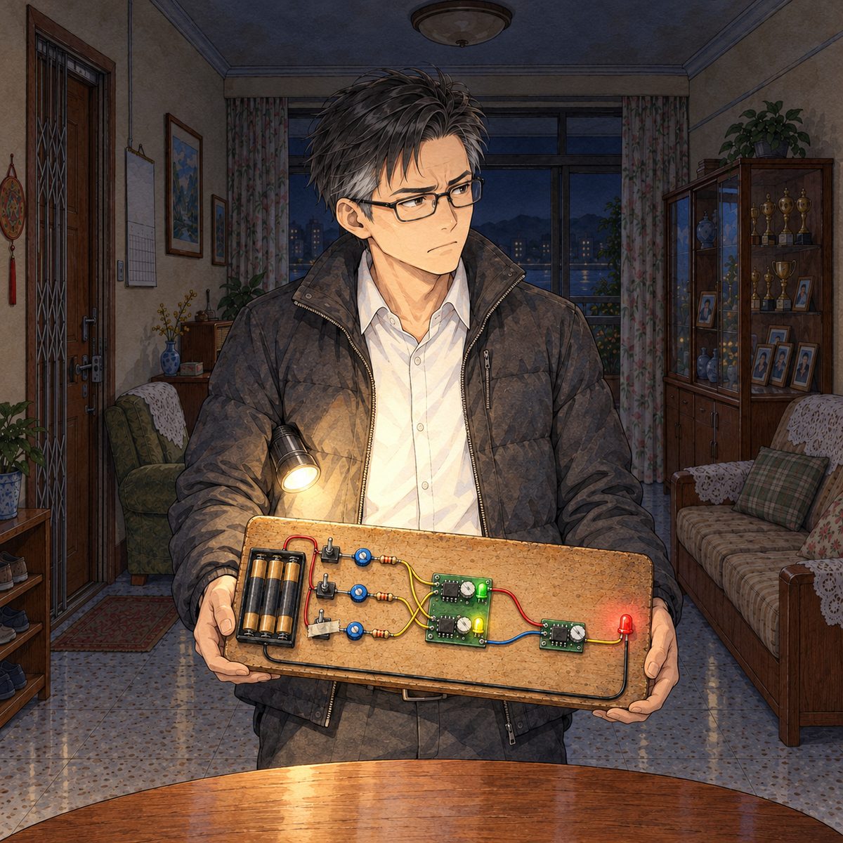 Night, POWER CUT, a family quarrel about homework: lit by his own torch, now tucked under his arm, and the little lights. Haoran's father, a tired office dad, picks up the children's school science-kit board from the family table with both hands, like a parent confiscating a toy, its little coloured lights still glowing; his jaw is set, stern and disappointed, his eyes look AWAY from everyone, to the side. His face in the middle of the panel, NOT in the top quarter. Dark behind.