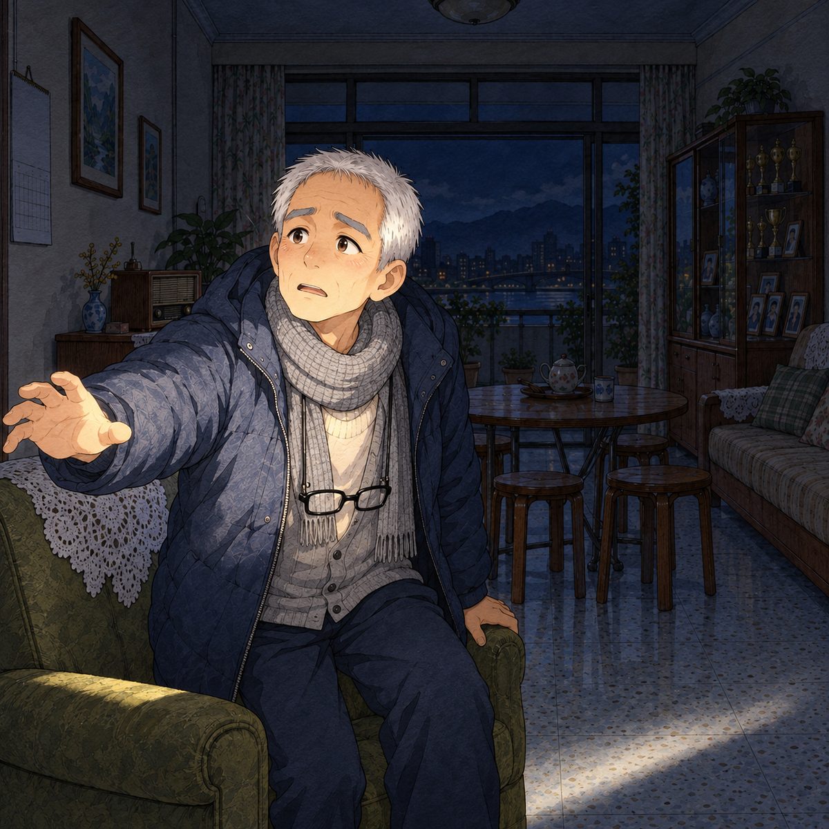 Night, POWER CUT: lit only by the torch beam swinging past him from the RIGHT. Grandpa half rises from his chair, one hand reaching out a little towards the board off panel to the LEFT, bewildered and hurt. Glasses on the cord at his chest. Dark behind.