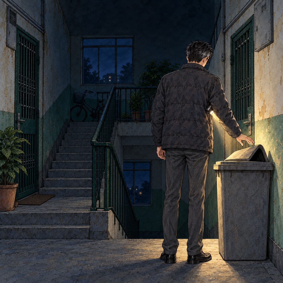 Night, POWER CUT, a sad ordinary moment: lit by his own torch under his arm. On the quiet landing of the family's block of flats, Haoran's father, a tired office dad seen from behind, lets the swing lid of the tall grey household rubbish bin beside the top of the stairs fall shut, his hand just leaving it; the lid still swinging. Nothing else in his hands. His face turned away from us, NOT visible. The black stairwell above is the quiet area.