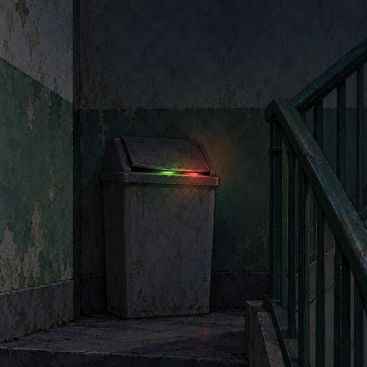 Night, POWER CUT, a quiet sad still life: the dark landing of an ordinary block of flats, a tall grey household rubbish bin with a swing lid, and a faint soft green and red glow seeping out through the gap of the swing lid, like a forgotten night light inside. The only light in the panel. Soft darkness all round.