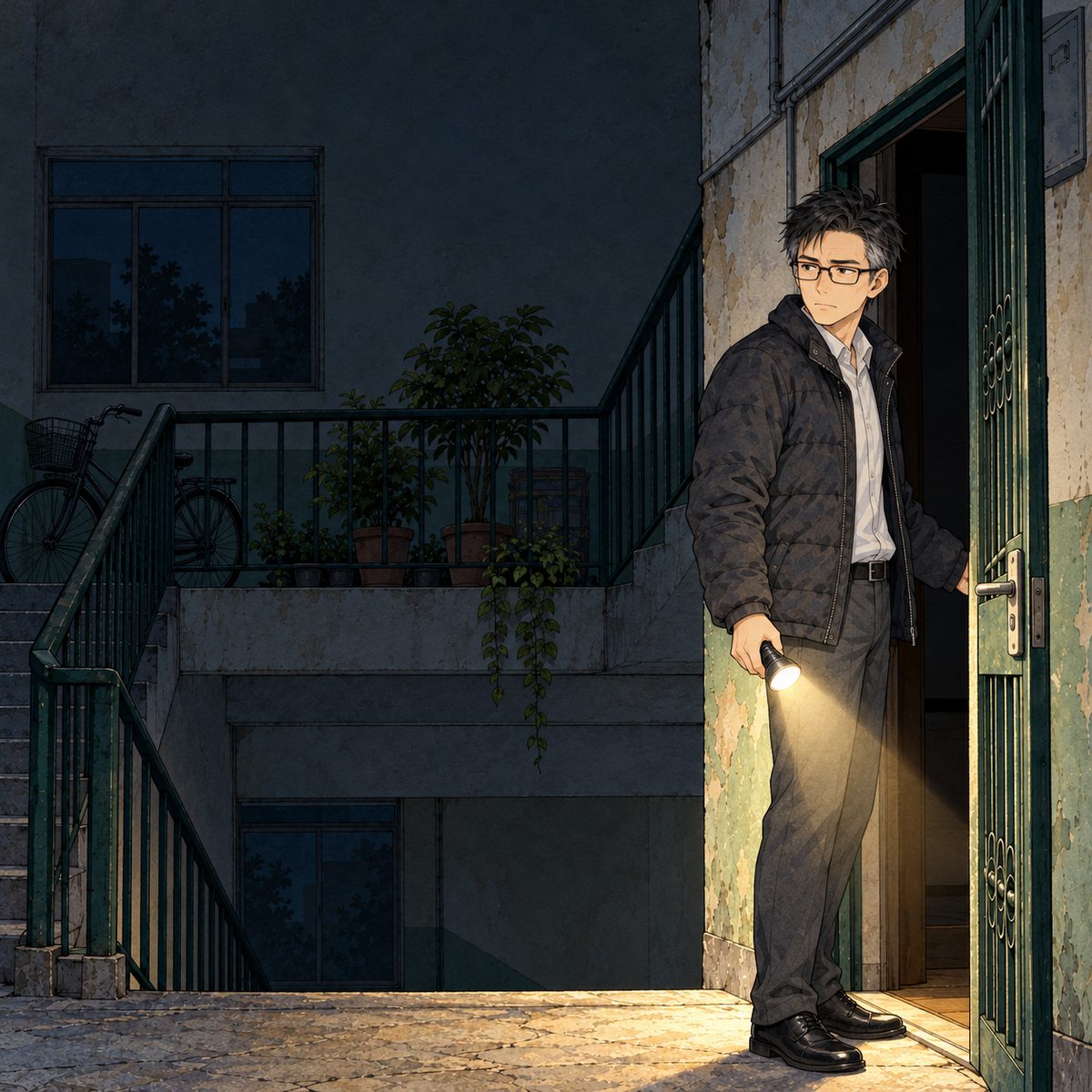 Night, POWER CUT: lit only by his own torch. Haoran's father stands at his own open front door on the RIGHT, looking back LEFT at his son off panel, his face stiff; then he goes in, leaving the door open behind him. Dark landing.