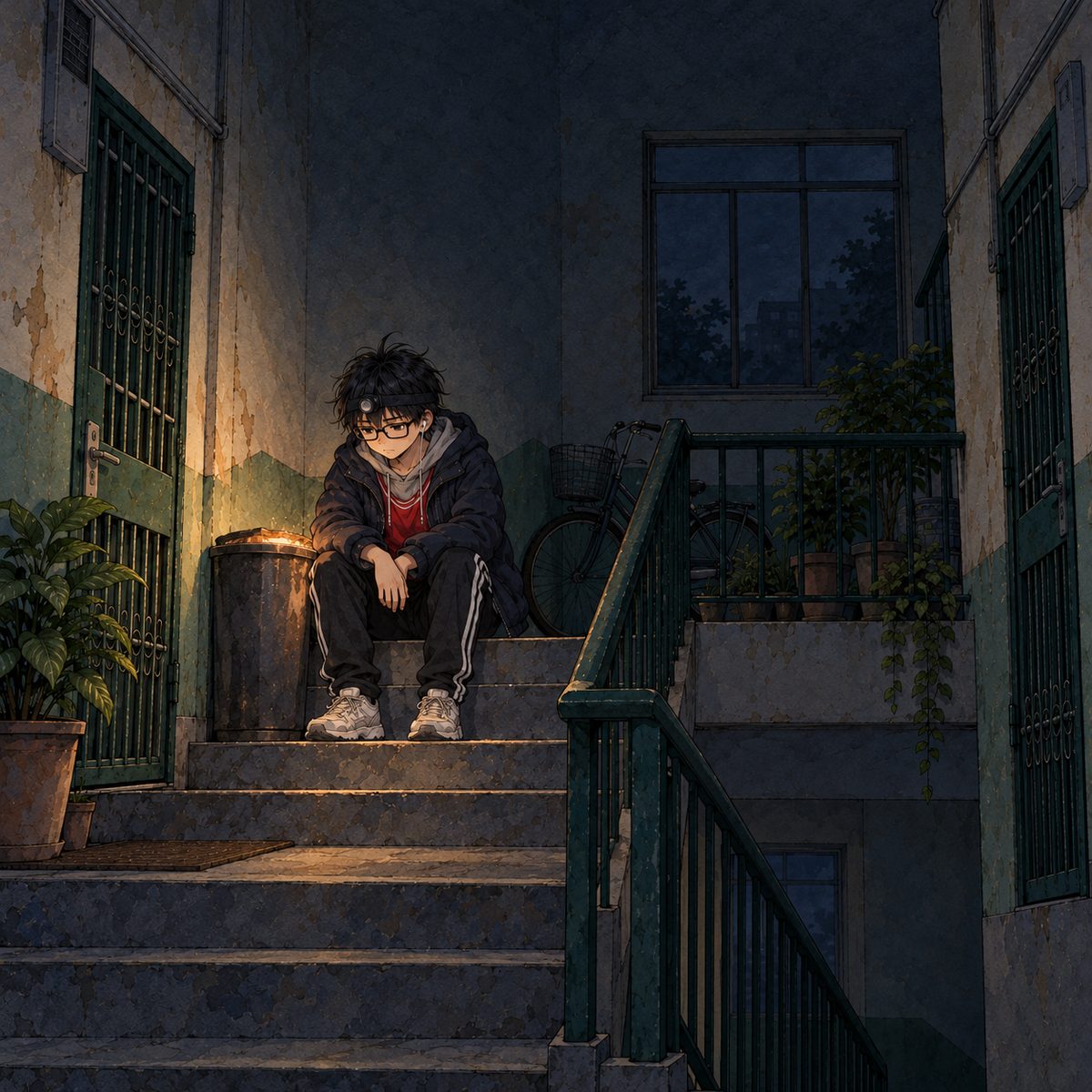 Night, POWER CUT: lit only by the faint glow from the rubbish bin beside him. Haoran sits down on the top step instead of going in, elbows on his knees, his head torch dark, staring down the black stairs. His face is still, hurt beyond tears. Dark around.