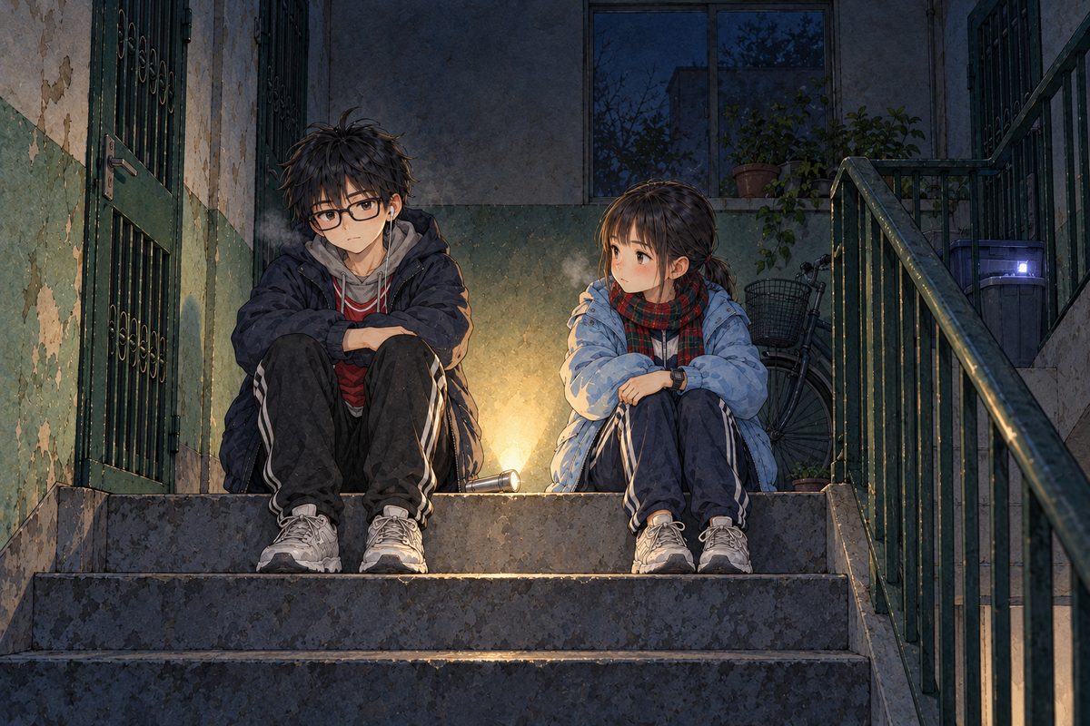 Night, POWER CUT: the only light is Grandpa's silver torch, which Xiaoyu has set on the step between them pointing at the wall, and the faint LED glow from the bin above them. Haoran (left) and Xiaoyu (right) sit on the same top step a little apart, one body's width of clear step between them, knees up, in their coats, breath white. He looks straight ahead down the dark stairs; she looks at him. The dark stairwell above is the quiet area.