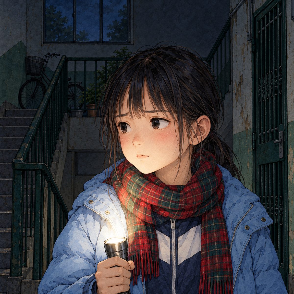 Night, POWER CUT: lit softly by the silver torch from below. Xiaoyu looks LEFT at Haoran, no words, her mouth closed, sad and serious. Her face in the middle of the panel, NOT in the top quarter. Dark behind.