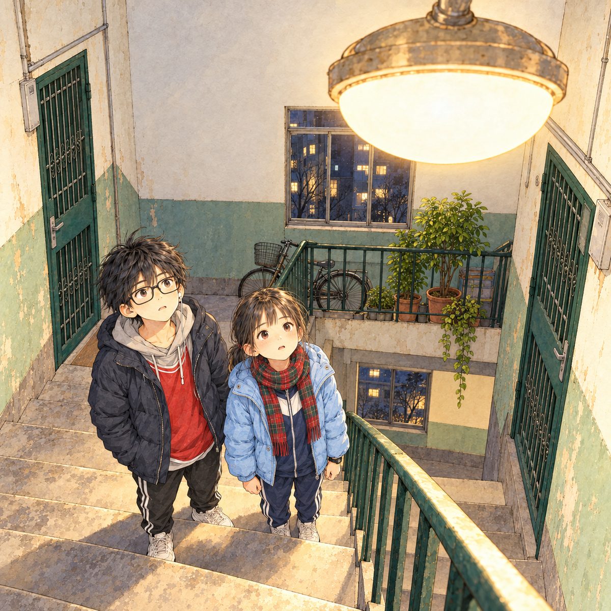 Night: the POWER COMES BACK. The round ceiling lamp over the flight of stairs flicks on, warm yellow, and floods the stairwell with light, the same lamp Grandpa remembered on page 11; the high window now shows other lit windows across the yard. Haoran and Xiaoyu, small on the top step below, both look up at the lamp, blinking, faces lit. The lit wall above is the quiet area.