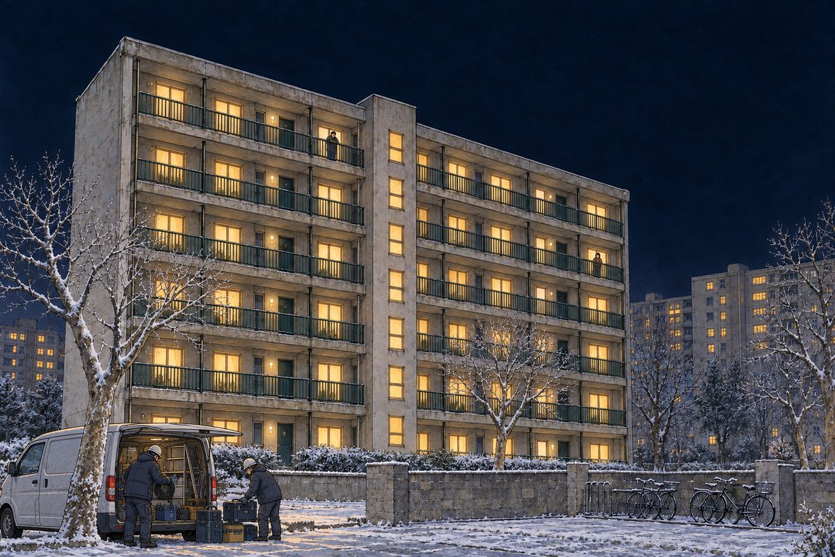 Winter night outside the old six-storey tower block: every window is lit again, warm yellow, one after another; the stairwell windows glow; small dark figures of neighbours lean out on two balconies. Bare trees and frost in the yard below, two repair men in hard hats packing up beside a small van. The dark sky above is the quiet area.