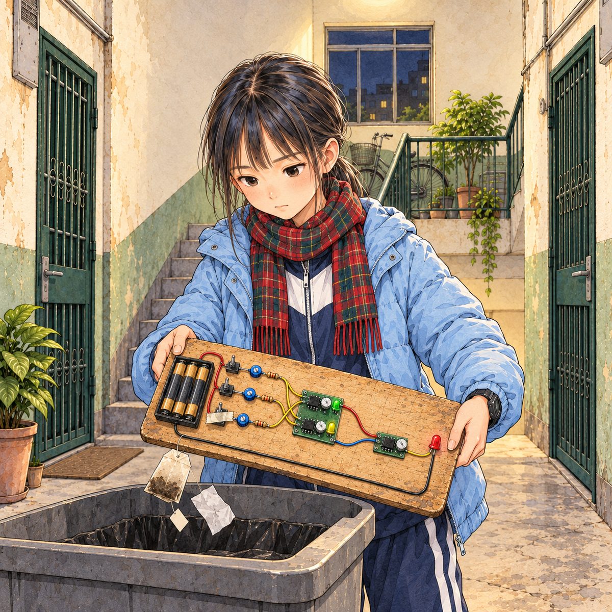 Night, the stair lamp on, normal warm light now. Xiaoyu lifts the board out of the tall grey rubbish bin with both hands, carefully, wires hanging; a tea bag and a scrap of paper slide off it. The three small LEDs look tiny and pale in the bright stair light. Haoran's door on the right is shut now. Her face is set and calm.