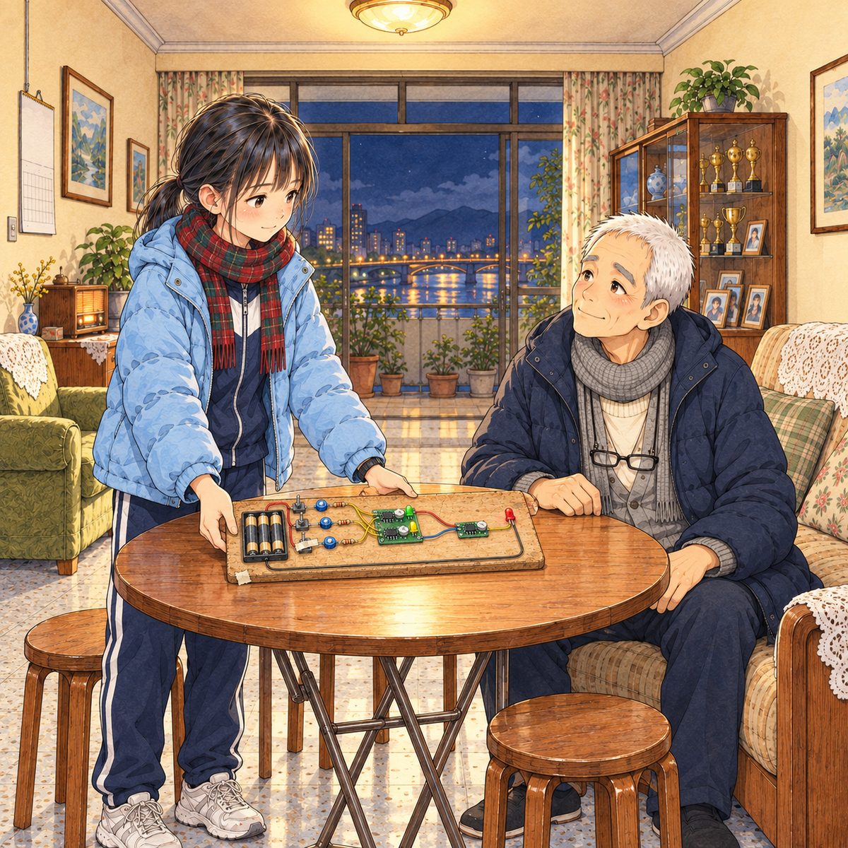 Night, the lights on again: the ceiling lamp warm, the heater glowing orange. Xiaoyu sets the board on the round table in front of Grandpa, a bit of rubbish still stuck to its edge; Grandpa, seated on the right, looks at it, then up at her, and his whole face softens. Glasses on the cord at his chest. The lit wall above is the quiet area.