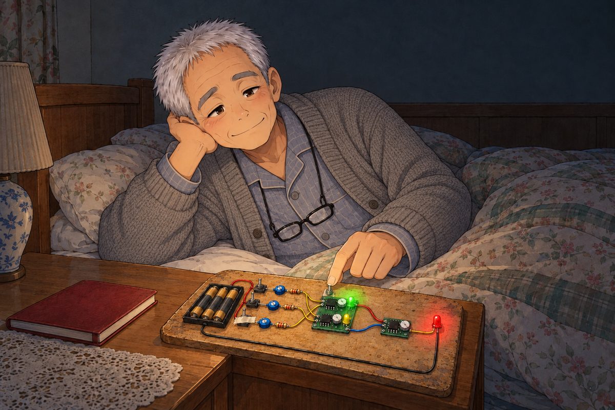 A later winter night, the power on but the room dark because Grandpa has turned the lamp off to sleep: Grandpa in bed under a thick quilt, propped on one elbow, flicks one switch on the board on his bedside table; the green and red LEDs glow small, lighting his face, which is peaceful and content. His notebook lies closed on the table beside the board. The dark room above is the quiet area.