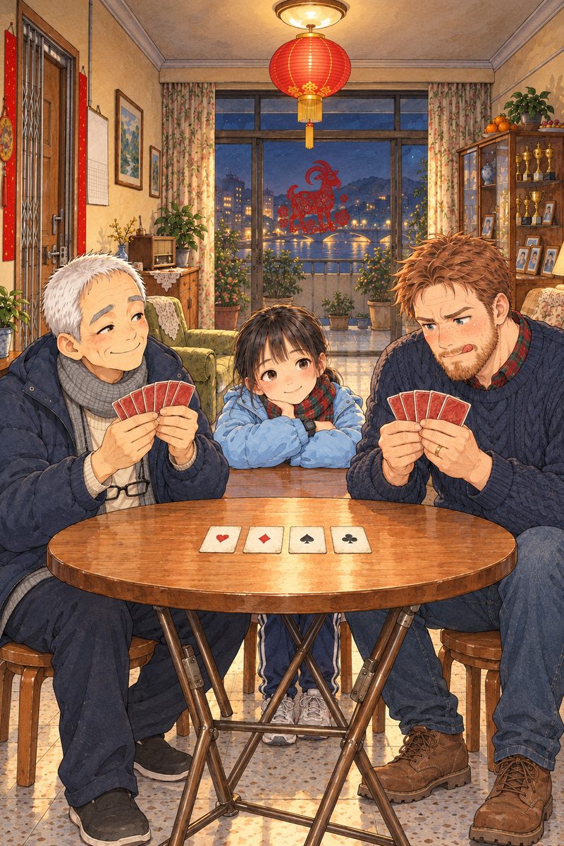 Winter evening in Grandpa's living room at Spring Festival, warm light from the ceiling lamp falling through ONE round red paper lantern with a gold tassel, so the table glows red-gold. Grandpa (left) and Papa (right) sit FACING EACH OTHER across the round table, each holding a small fan of five cards, faces towards themselves, red backs to us. Grandpa in his navy padded coat over his grey cardigan, glasses on the cord at his chest, wears a sly, delighted look over his cards. Papa, huge on a small stool, his knees too high, in his navy cable-knit jumper and no coat, frowns hard at his own cards with his tongue between his teeth. Between them, at the back of the table, Xiaoyu in her sky-blue jacket rests her chin on her folded arms and watches them both, amused and tender. Four cards lie face up in a row in the middle of the table. The dim wall and ceiling above the lantern are the quiet area for the title.